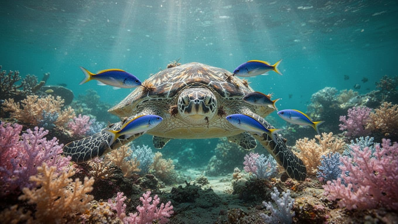 Hawaiian green sea turtle hovering motionless over colorful coral reef in Turtle Canyon Oahu's clear turquoise water, with small blue and yellow bluestreak cleaner wrasse fish nibbling parasites from its shell and skin. Sunlight filtering through water creates rays and highlights on the vibrant reef background.