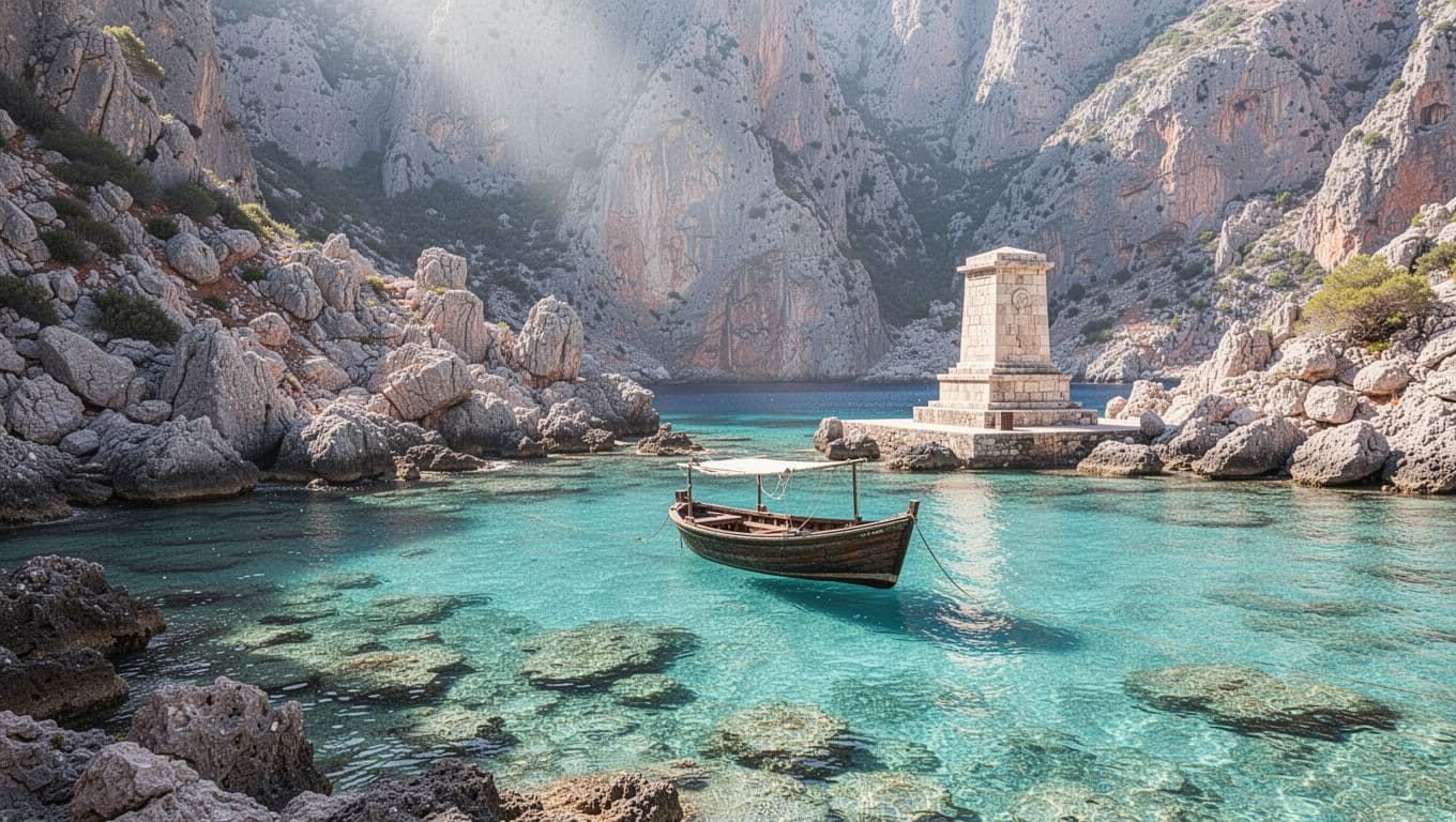 A boat floats in clear turquoise water near the Captain Cook Monument along a rocky coastline.