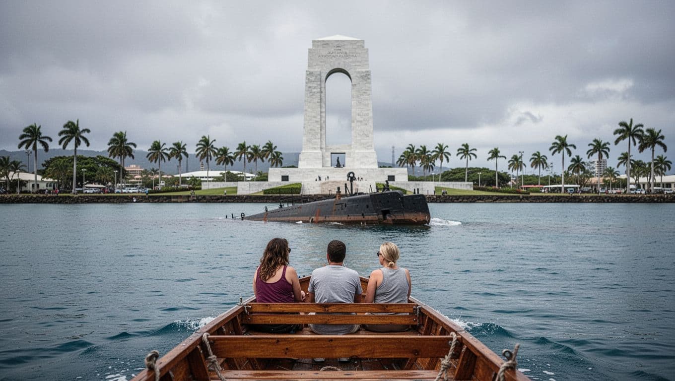 Boat with three seated visitors approaches white USS Arizona Memorial over calm blue waters, distant palm-lined shore.