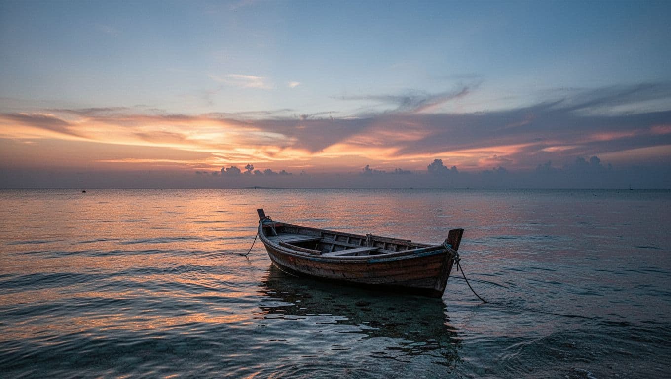 A boat sits on calm ocean waters under a vibrant orange and blue sunset sky.