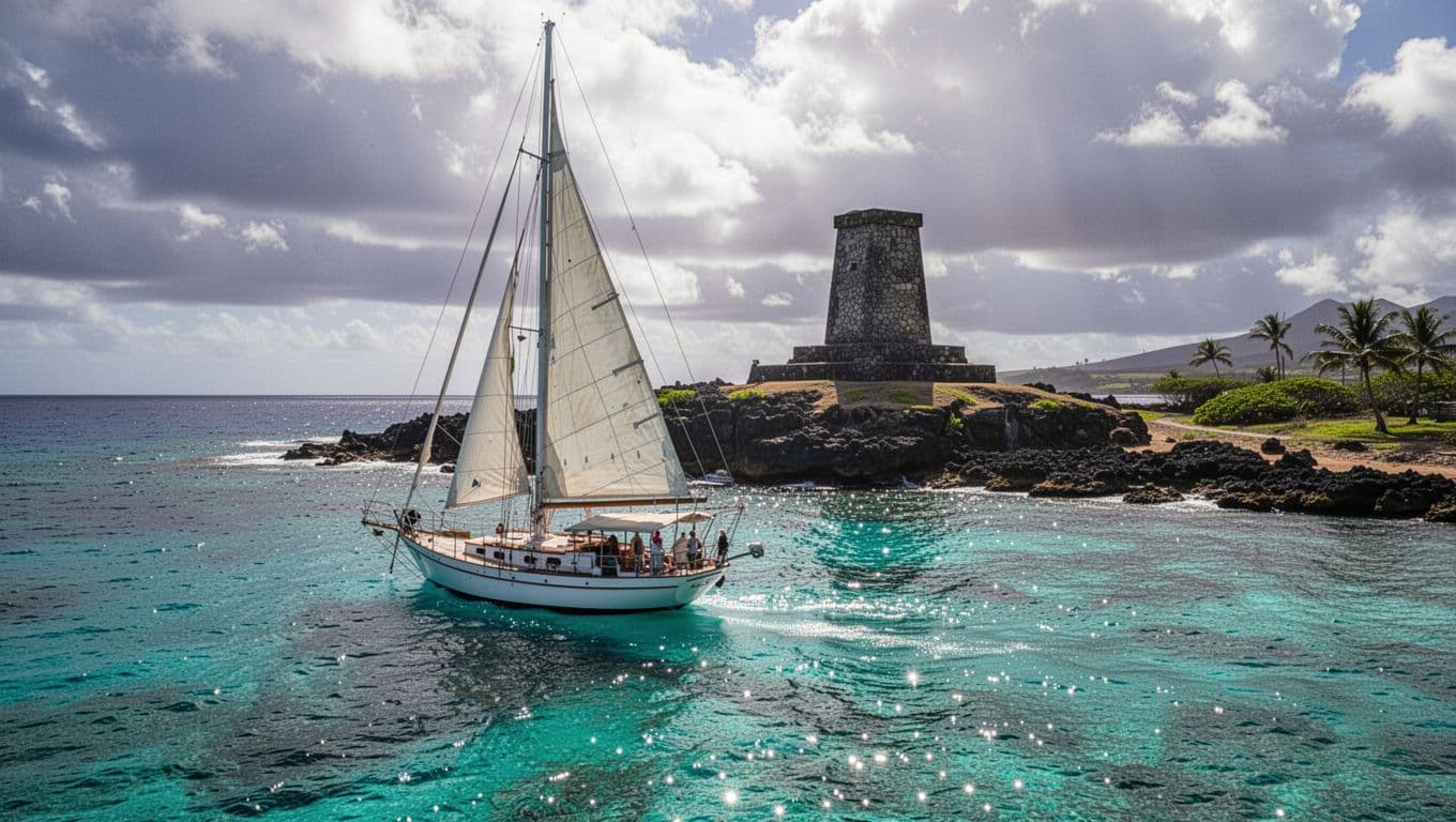 A sleek boat rests upon vibrant turquoise water near the rocky shoreline. The Captain Cook Monument stands prominently on the land in the distance under bright, dramatic overhead tropical sunlight.
