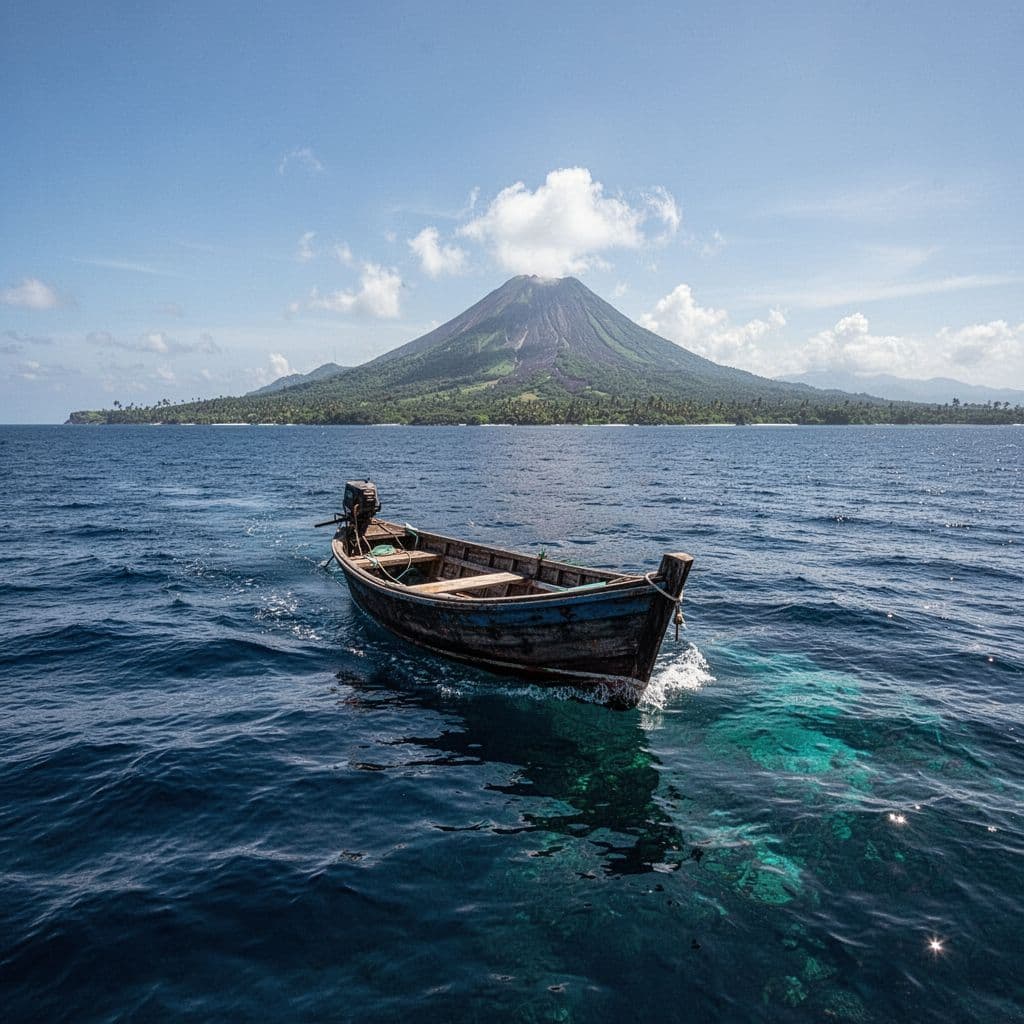 A small tour boat cruises across deep blue ocean water along a scenic coastal landscape.