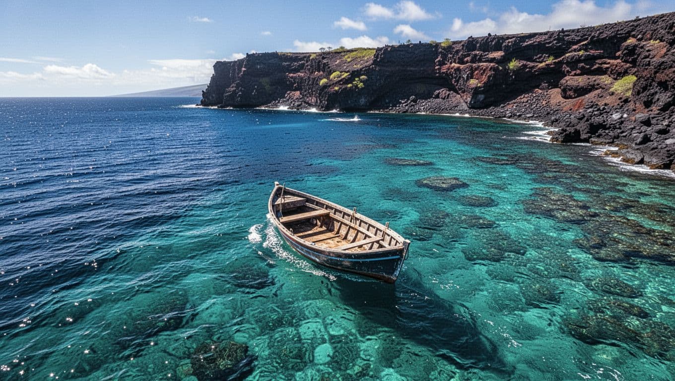A boat drifts across crystal clear blue water near the rugged volcanic coastline of Kona, Hawaii.
