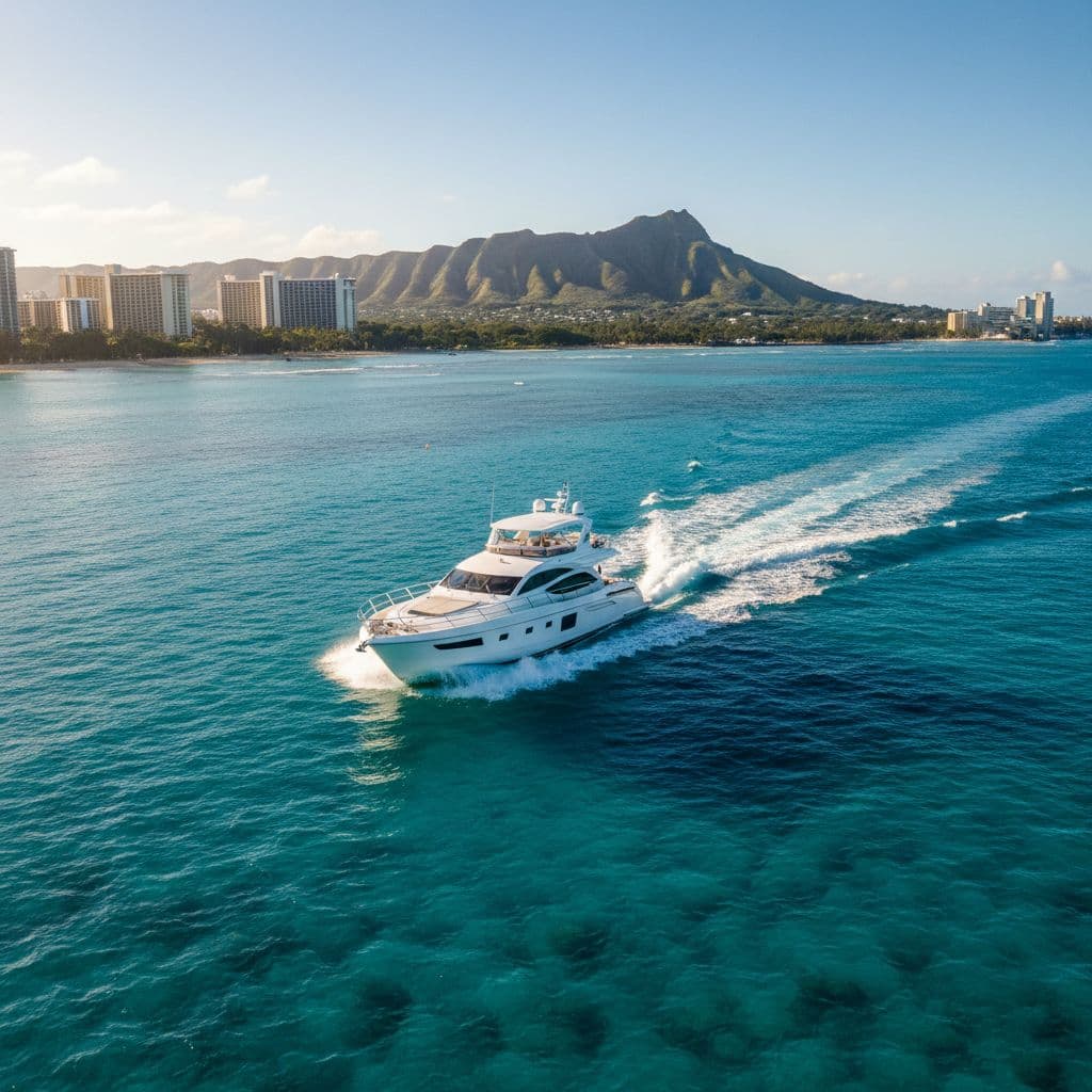 A modern boat travels through turquoise waters with Diamond Head visible in the distance under bright sunlight.