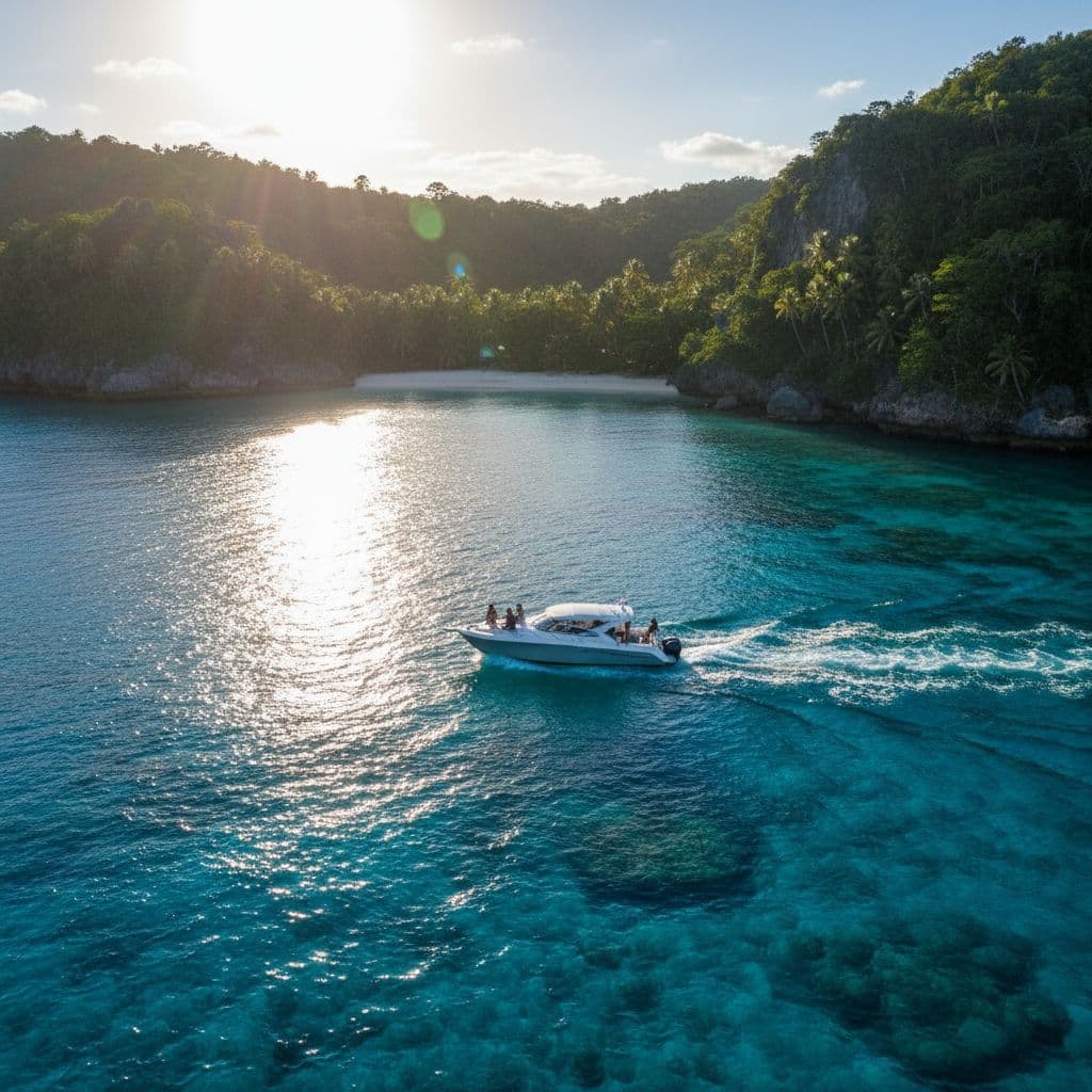 A boat glides across clear, turquoise tropical waters near a scenic coastline under bright sunlight.