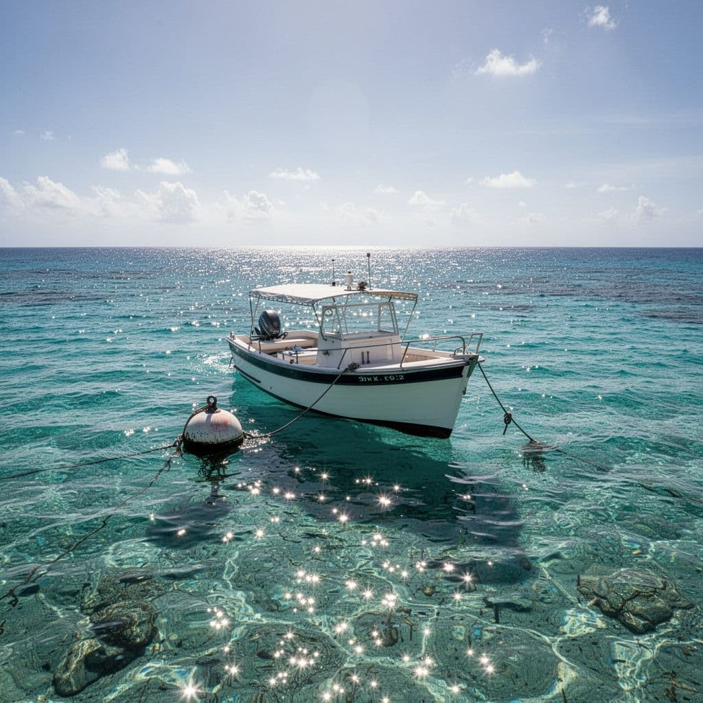 A boat floats on clear turquoise water, securely attached to a circular mooring buoy.