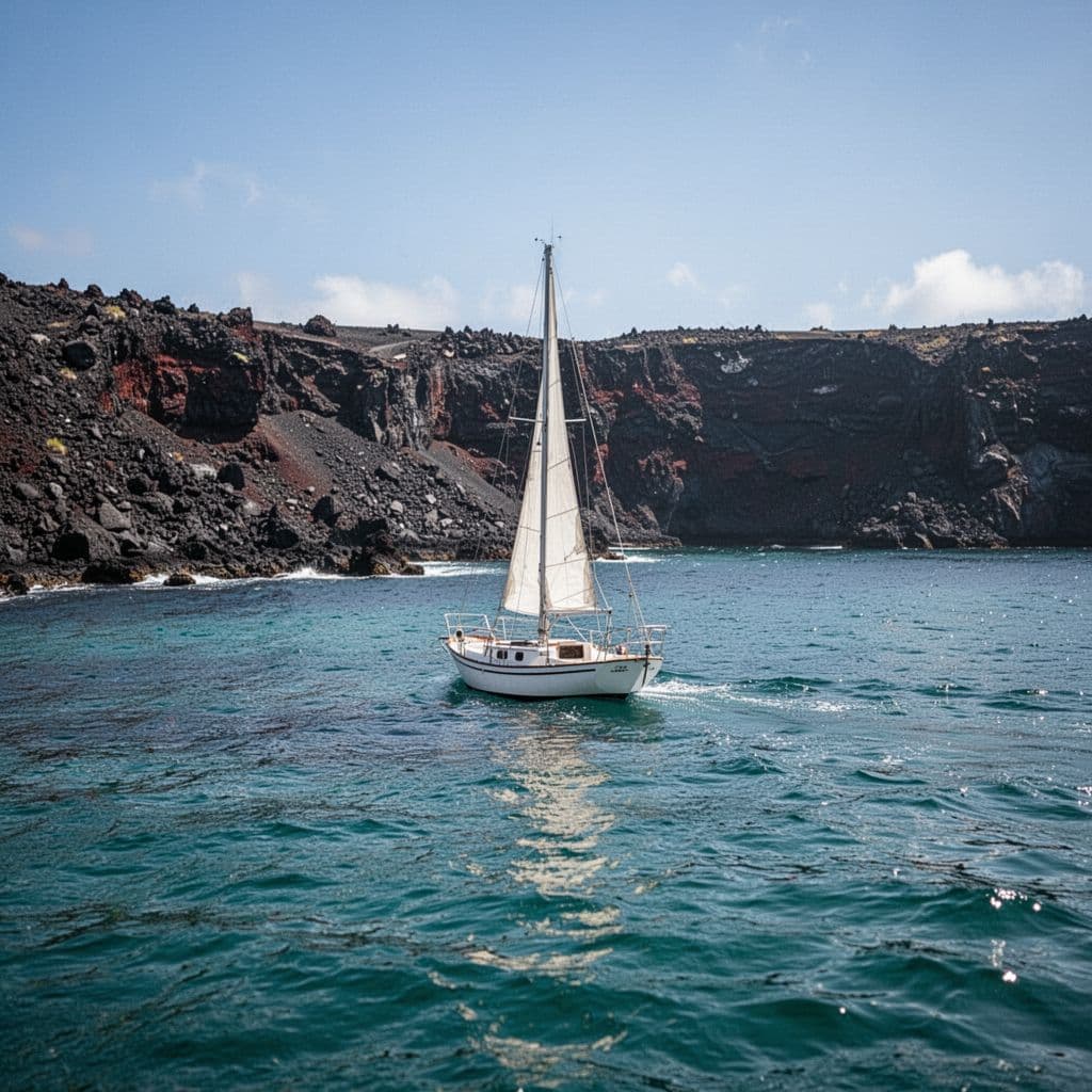 A boat navigates clear turquoise water along a rocky volcanic coastline under a bright blue sky.