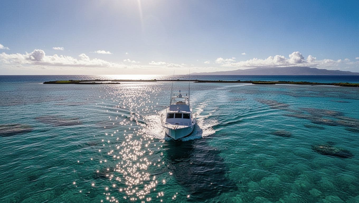 A sleek white motorboat cuts through the calm, turquoise Hawaiian ocean under a brilliant morning sun. The deep blue horizon stretches behind the vessel beneath a clear, vast summer sky.