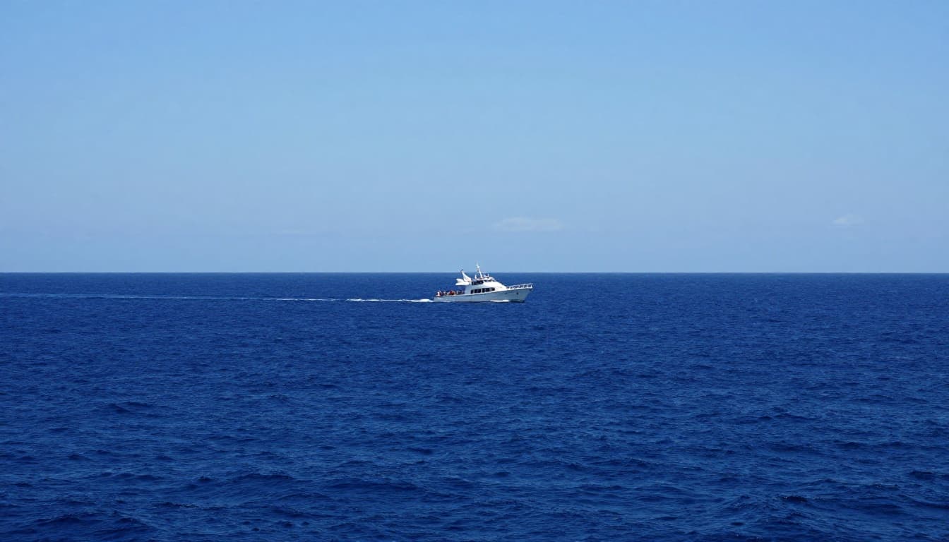 A boat navigates across deep blue, open waters on a bright, sunny day.