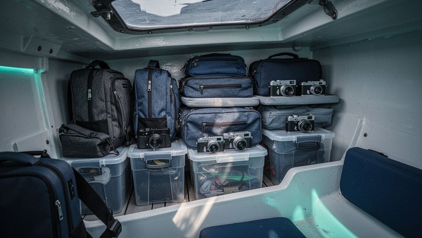A well-organized storage shelf on a boat contains securely placed personal bags and cameras.