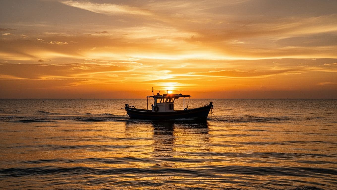 A dark boat silhouette drifts across the calm ocean as a vibrant golden and orange sky glows on the horizon. The deep contrast emphasizes the peaceful atmosphere of this tropical evening.