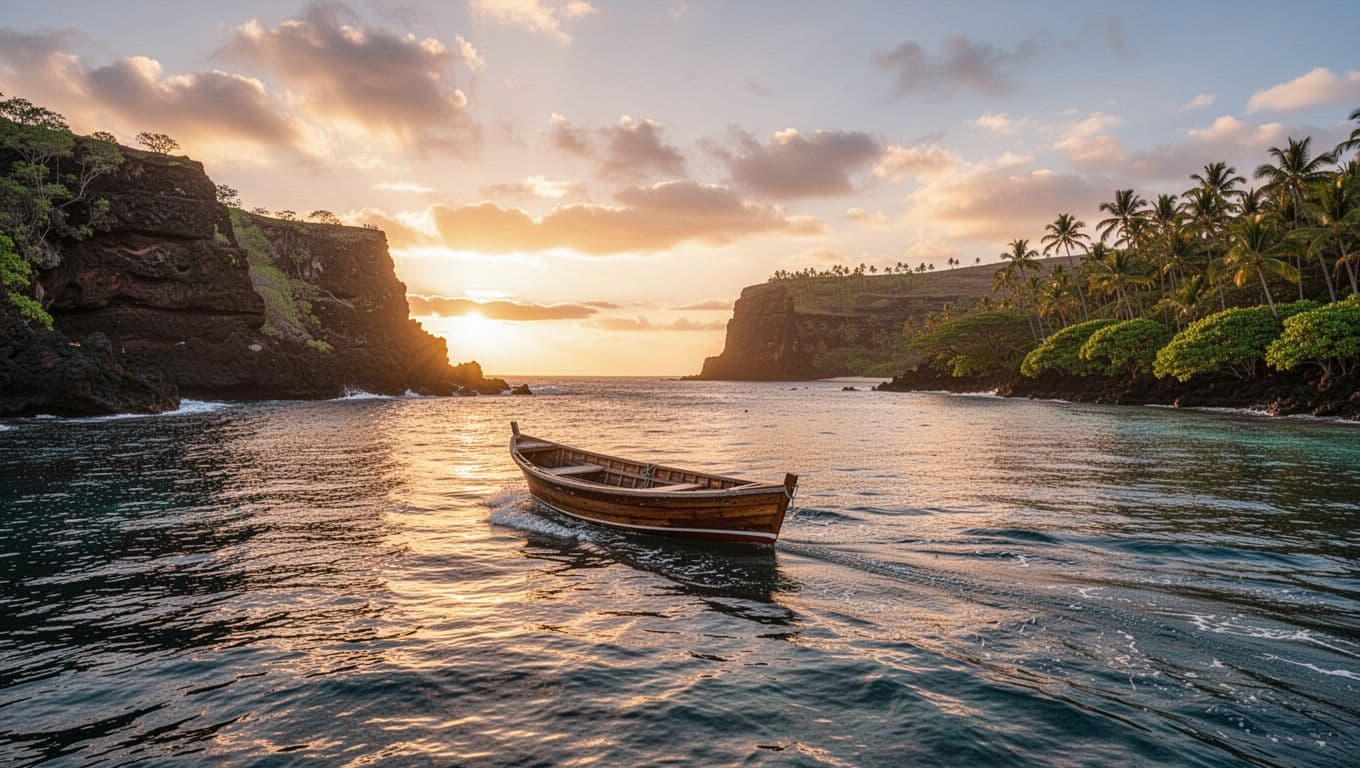 A small boat cruises across the calm ocean toward a distant Hawaiian coastline during sunset.
