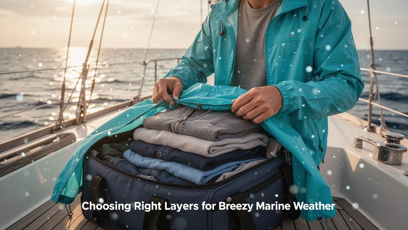 A person packs layered clothes and a windbreaker into a travel bag.