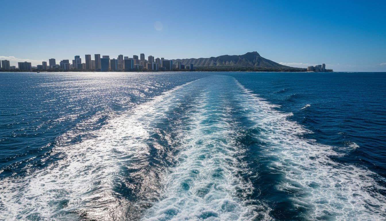 Sparkling midday ocean from boat deck with wake leading to distant Waikiki skyline and mountains.