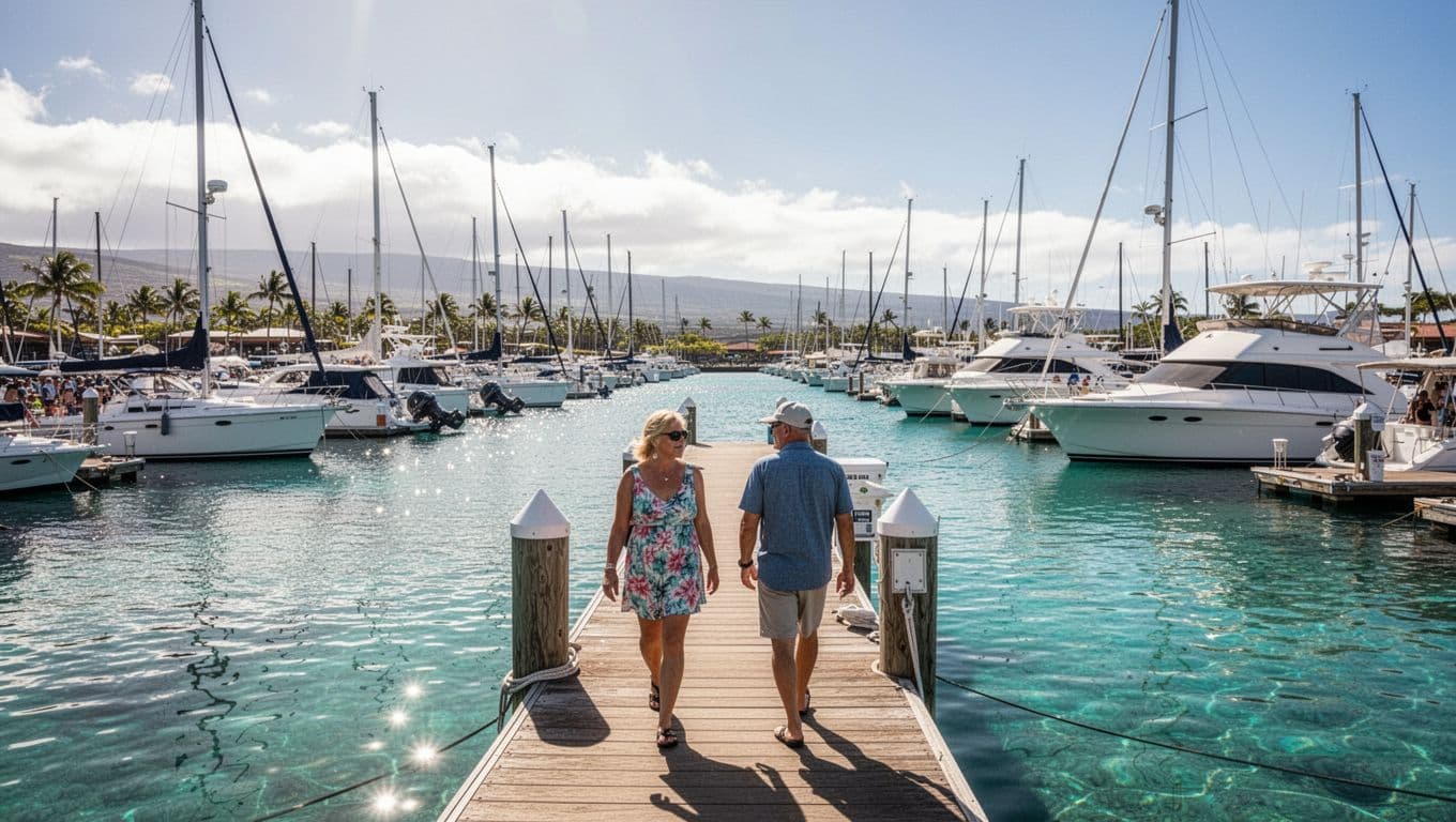 Numerous white boats are docked tightly within the clear blue waters of a Hawaiian harbor. People walk along the wooden piers under bright sunlight, highlighting the vibrant tropical atmosphere during events.