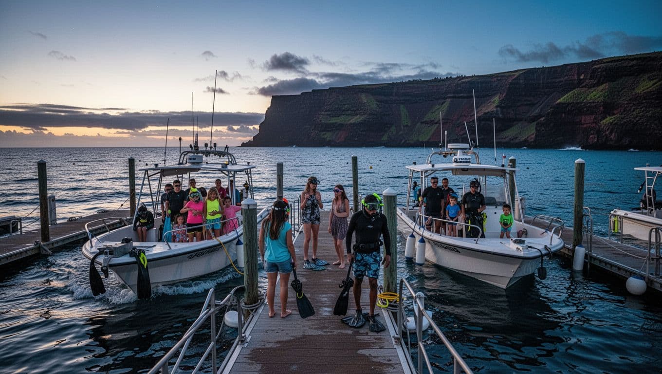 Busy Honokohau Marina in Kona at dusk with snorkel tour boats loading excited families and couples, ocean horizon featuring Big Island cliffs in cinematic style with strong contrast, depth, and dramatic lighting in water reflections.
