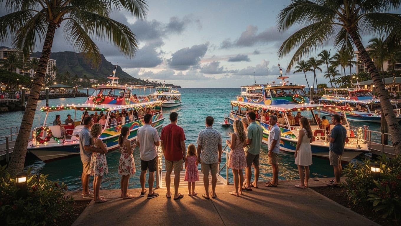 Families and couples wait to board colorful tour boats at busy Kewalo Basin harbor during Christmas, with festive lights on boats and turquoise ocean.