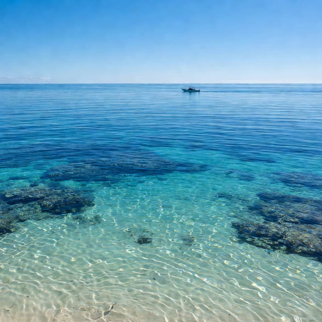 A small white boat rests on the horizon of a vast, clear blue ocean under a bright sky. The calm, turquoise water features gentle ripples that reflect the intense midday sunlight.