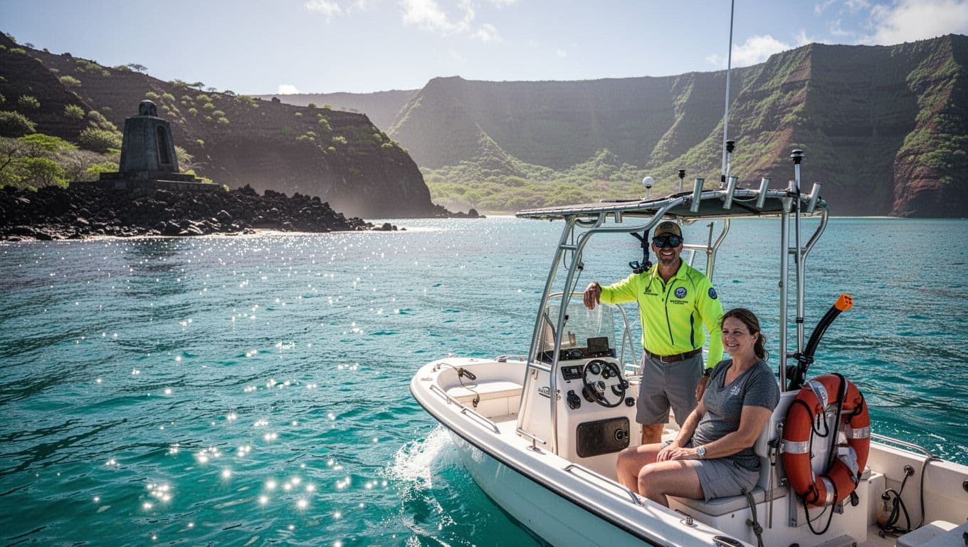 A guide and guest relax aboard a small boat on calm blue water near green Hawaiian cliffs.