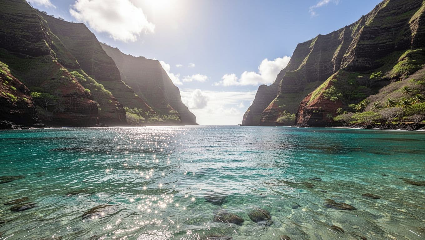 Bright cyan waters stretch toward rugged cliffs at Kealakekua Bay under a clear sky. The tranquil surface reflects brilliant sunlight, highlighting the clarity of the calm ocean ideal for tropical snorkeling.