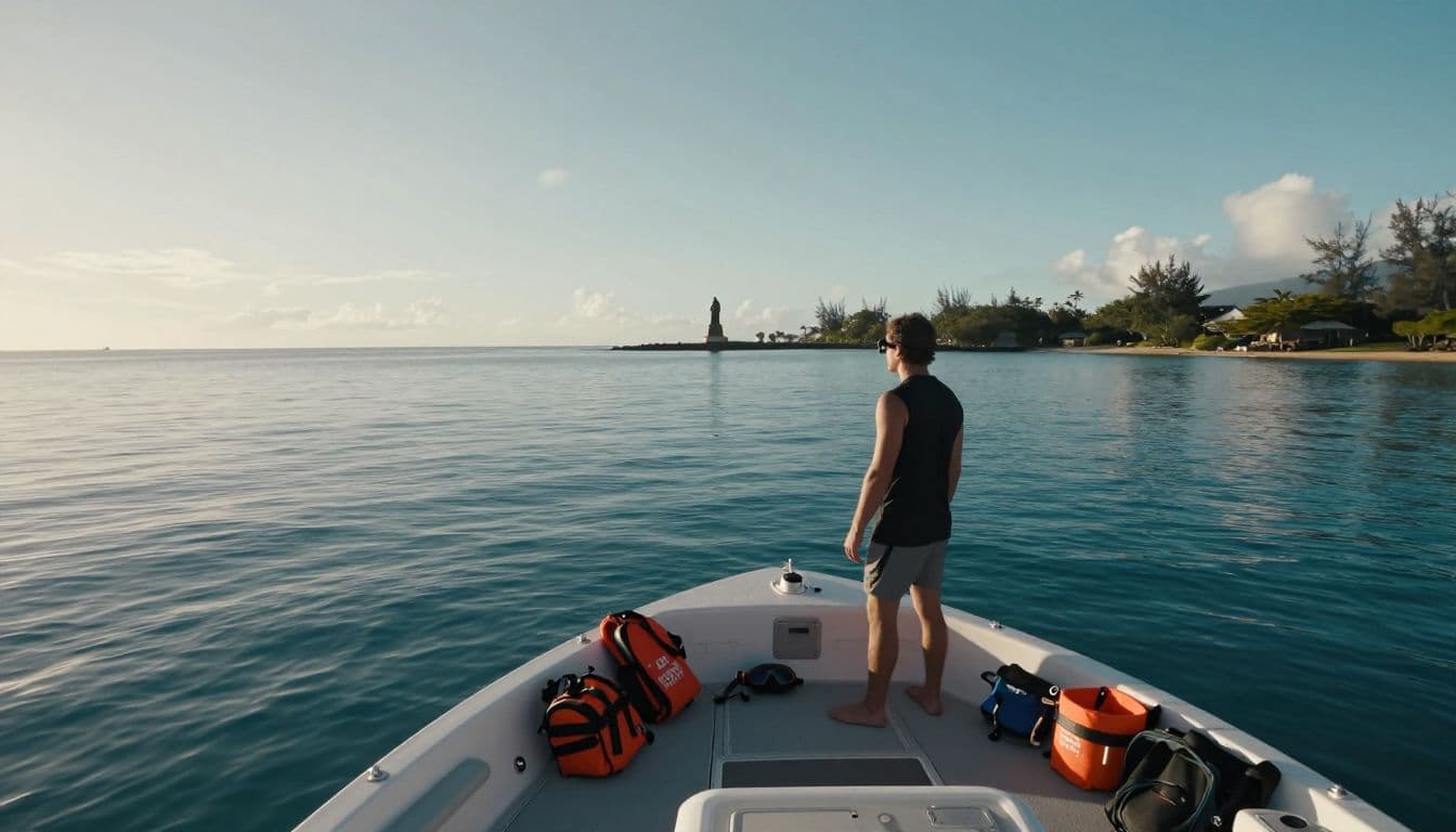 A snorkeling guide stands beside organized gear on a boat in calm Kealakekua Bay.