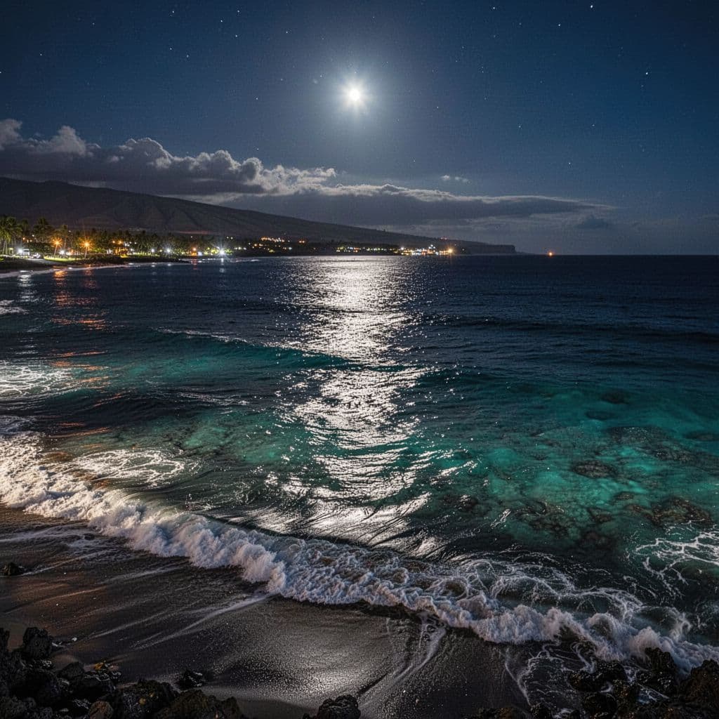 Soft moonlight reflects across the dark, gentle waves along the serene Kona coastline at night.