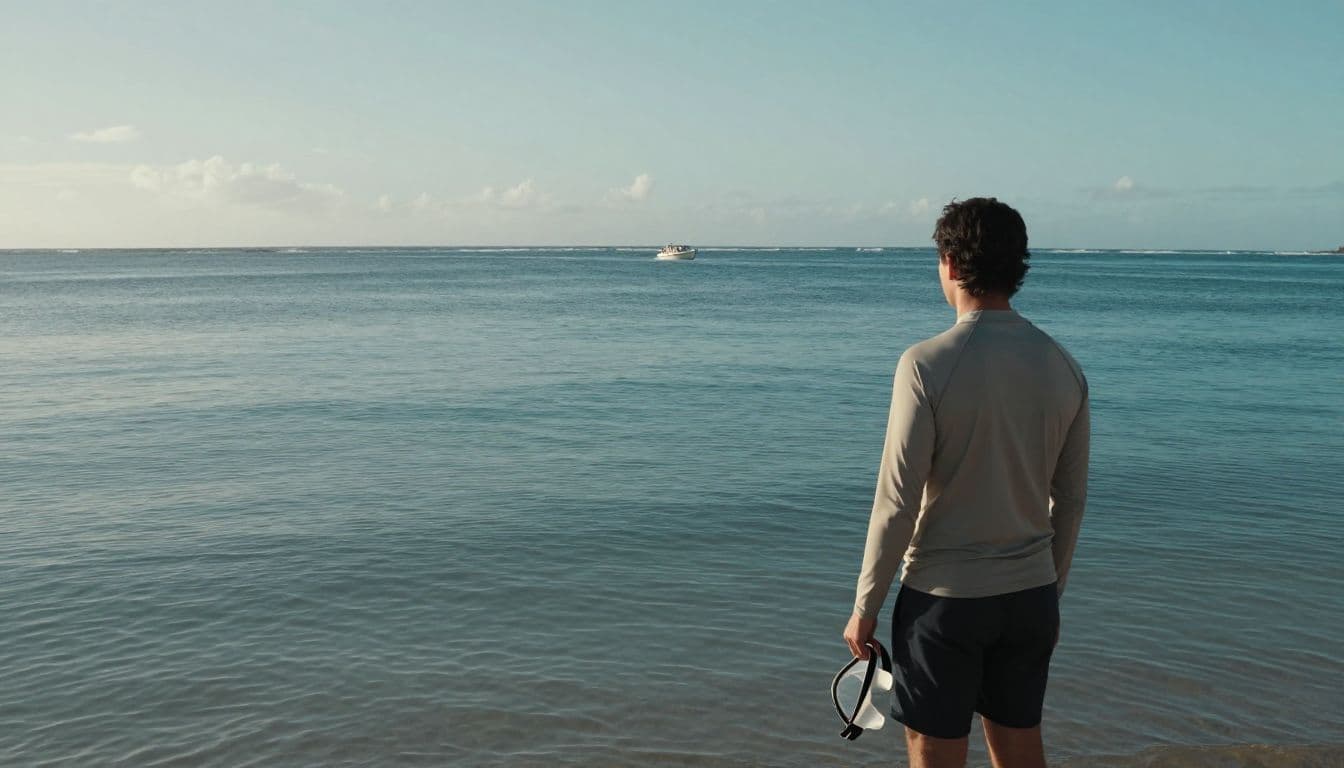 A traveler holds a snorkeling mask beside calm Kona shoreline water.