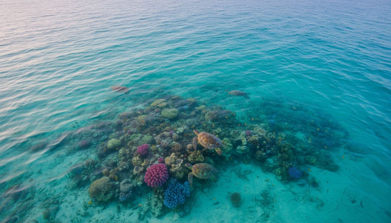 Turquoise ocean surface at Turtle Canyon, Oahu, during early morning with sunlight filtering through gentle waves, revealing Hawaiian green sea turtles and colorful coral reef below in a serene underwater scene.