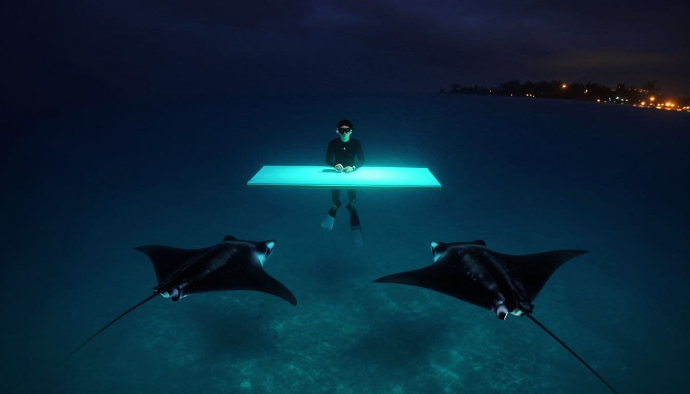 A traveler floats with a glowing light board above two manta rays at night.