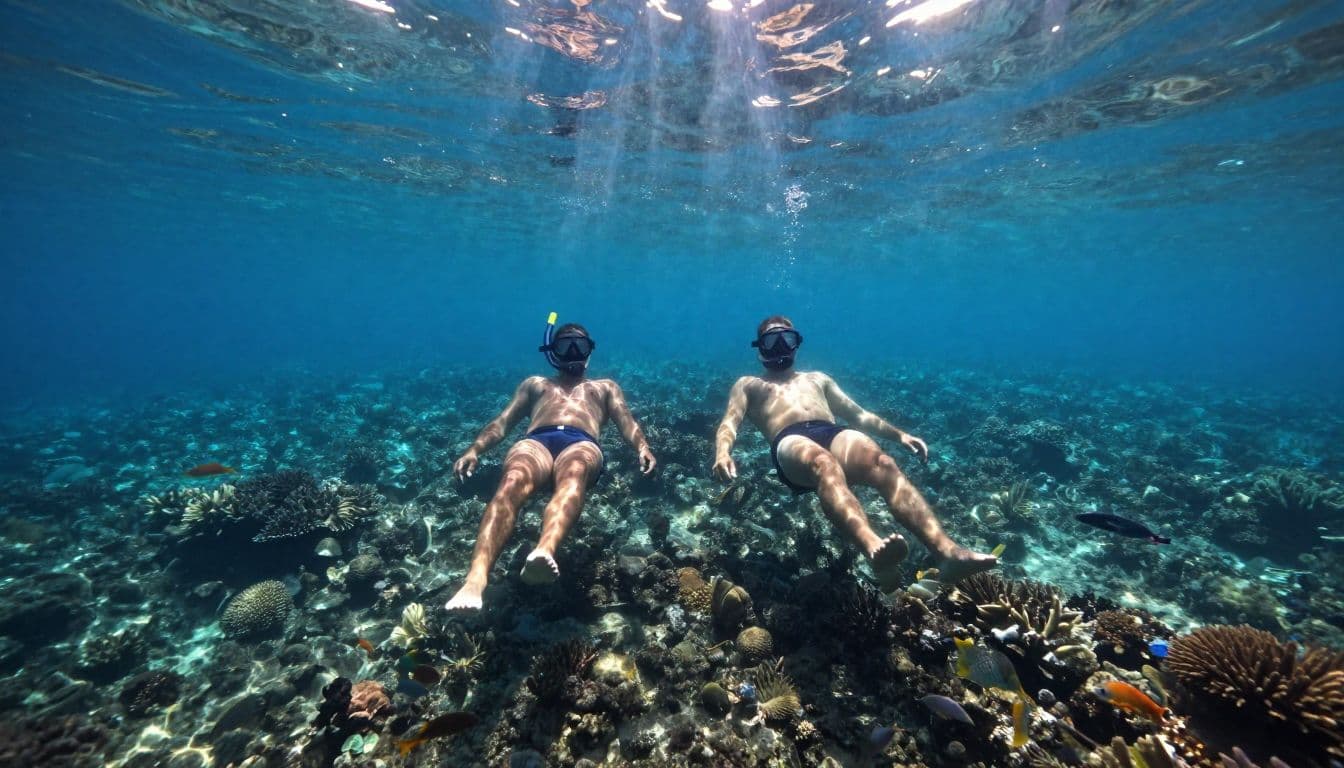 Two snorkelers float above a colorful tropical reef in clear blue water.