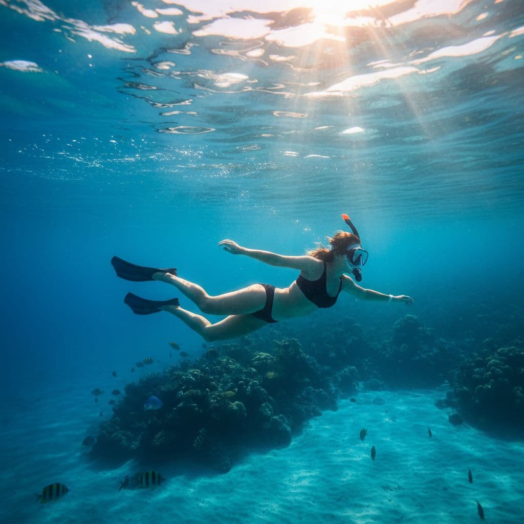 A relaxed person swims just below the surface of clear Hawaiian waters while wearing a diving mask and snorkel. Dappled sunlight filters down through the depths, creating a serene underwater environment.