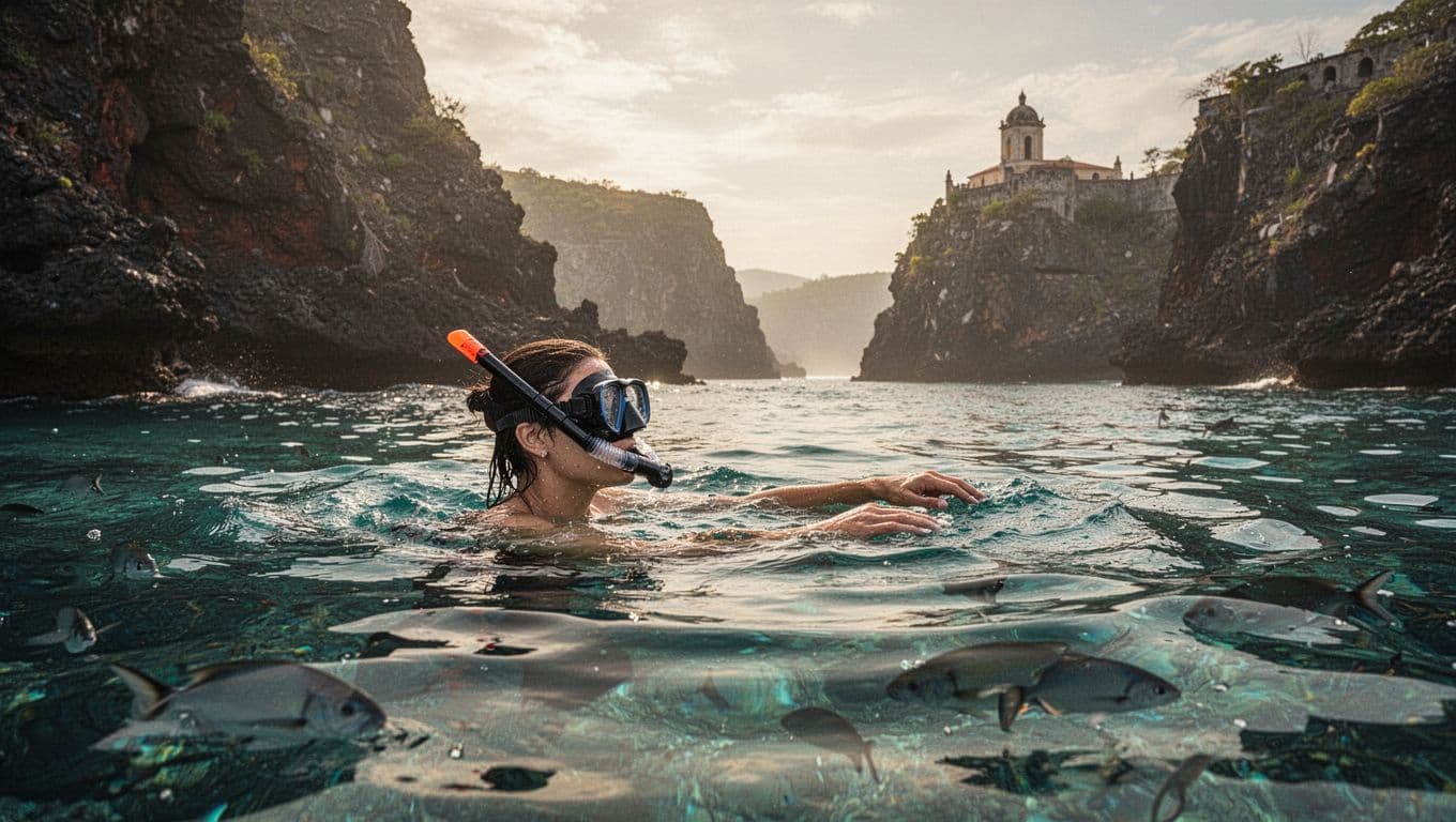 Solo snorkeler floats relaxed on turquoise waters near volcanic cliffs and Captain Cook Monument, fish below.