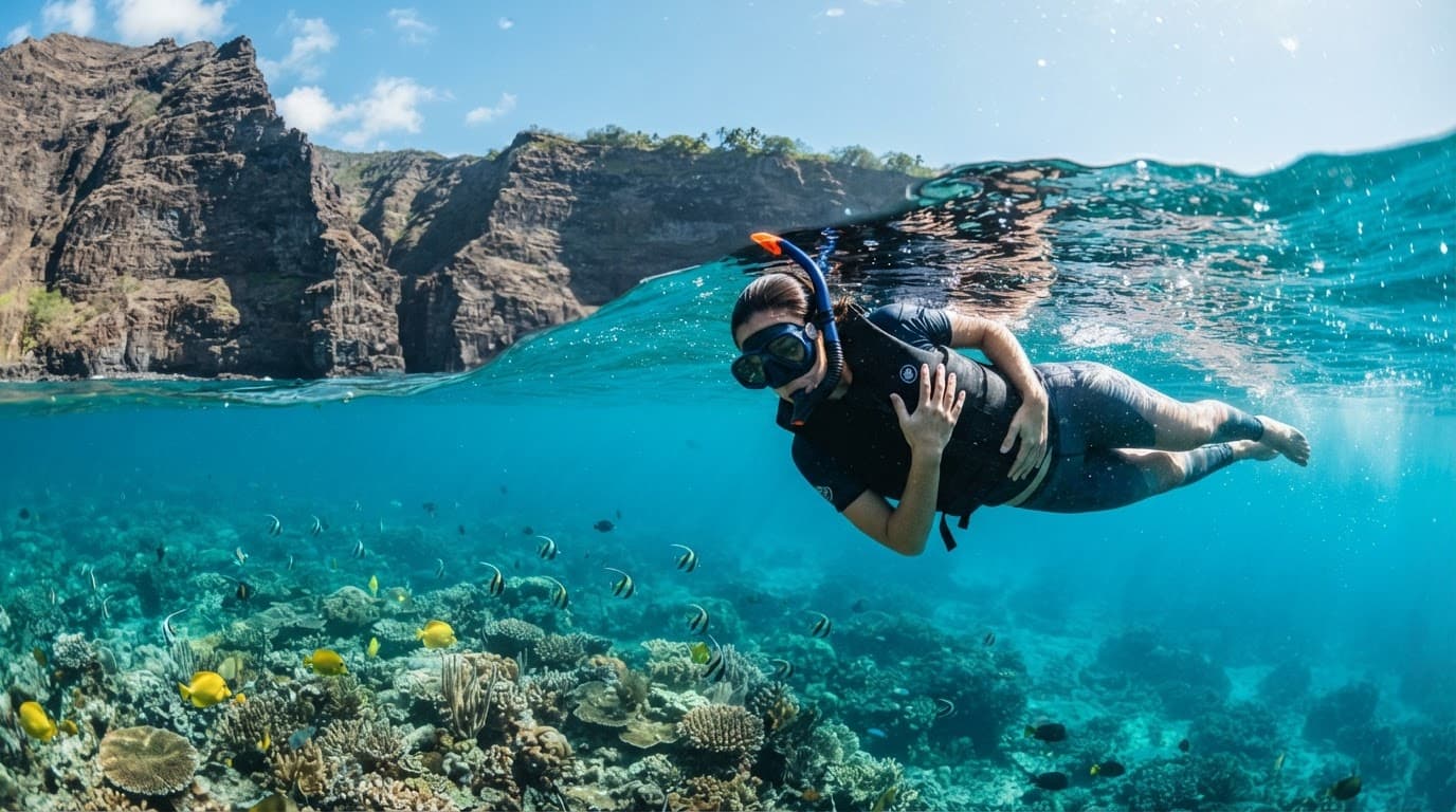 A snorkeler floats calmly with relaxed arms in clear tropical water.