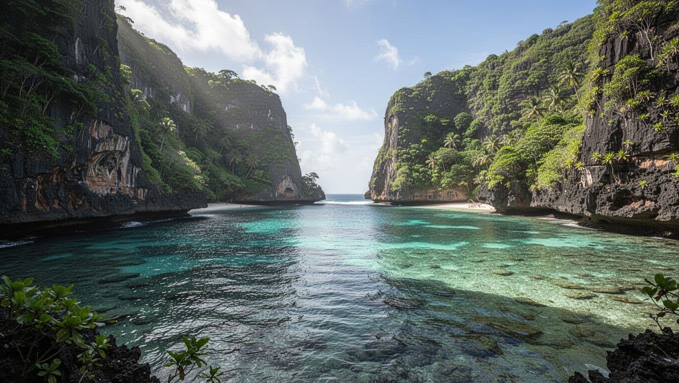 Clear blue water fills a calm tropical bay beneath green sea cliffs.