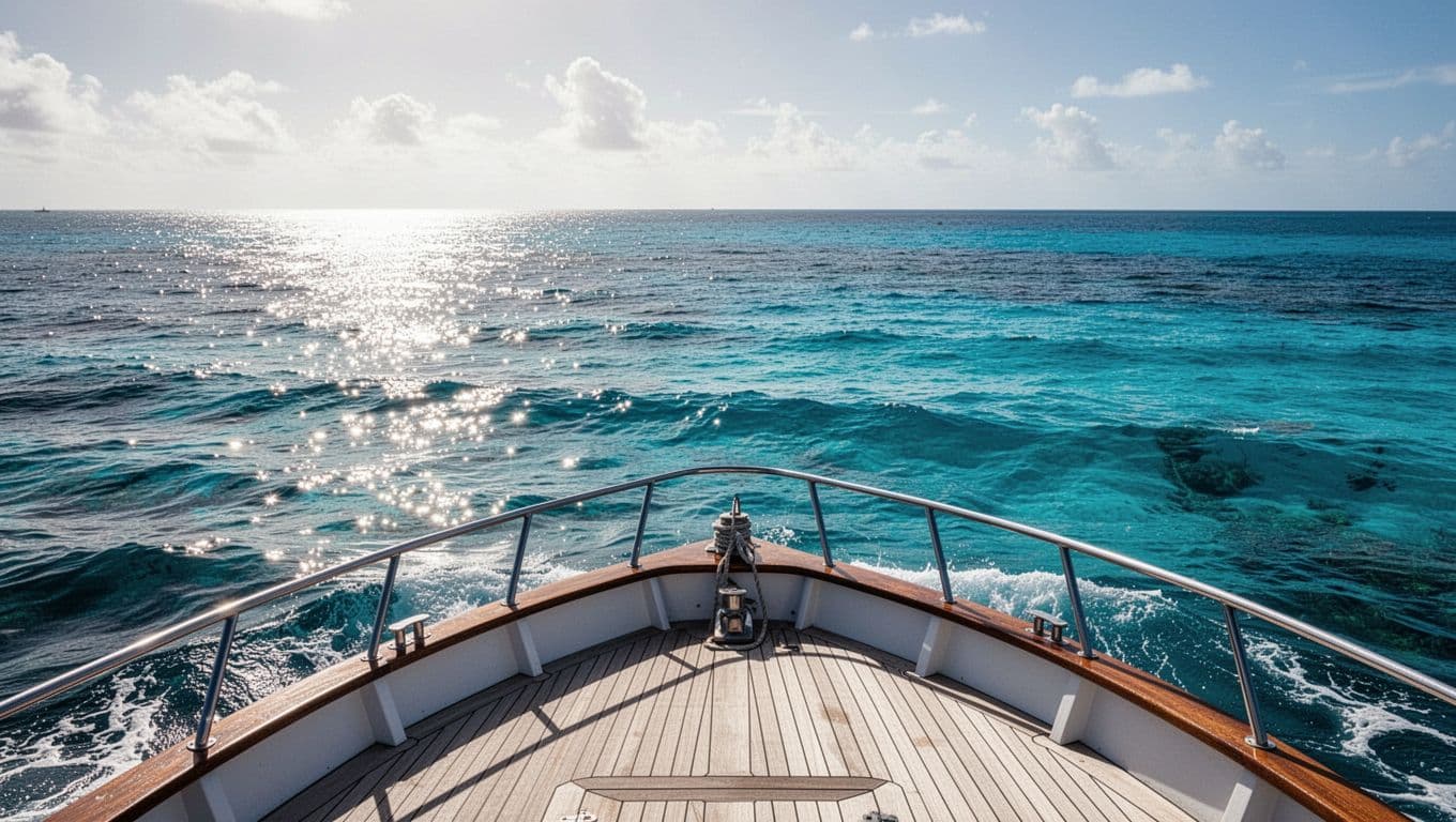 Sunlight glistens across the surface of a deep blue tropical sea as viewed from a boat deck. The clear horizon stretches endlessly, highlighting the serene calm after a passing storm.
