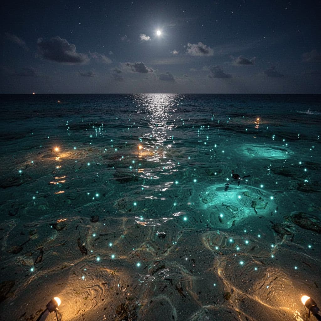 Warm golden lights glow from the ocean floor, illuminating clear turquoise water and sandy ripples. The serene underwater scene captures a peaceful and safe environment for nighttime snorkeling adventures without any swimmers.