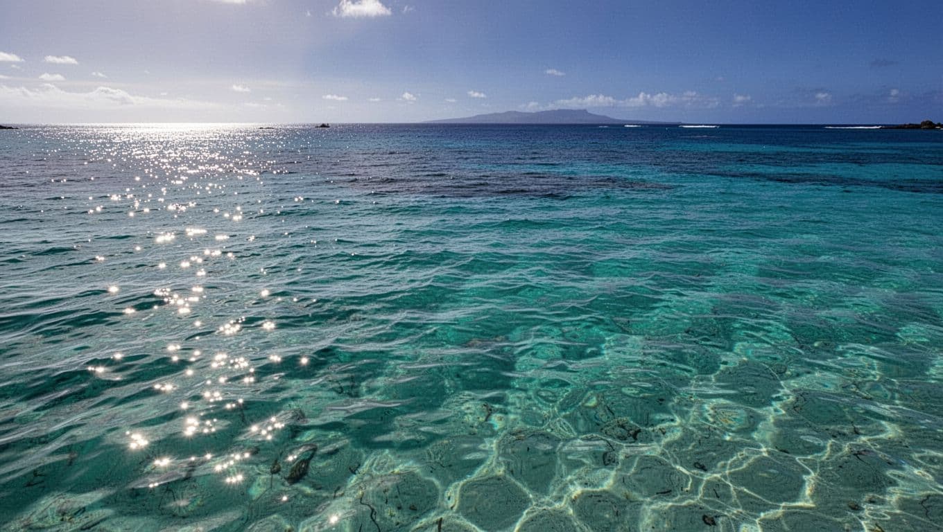 Sunlight reflects off the calm, clear turquoise waves of a tranquil Hawaiian ocean.