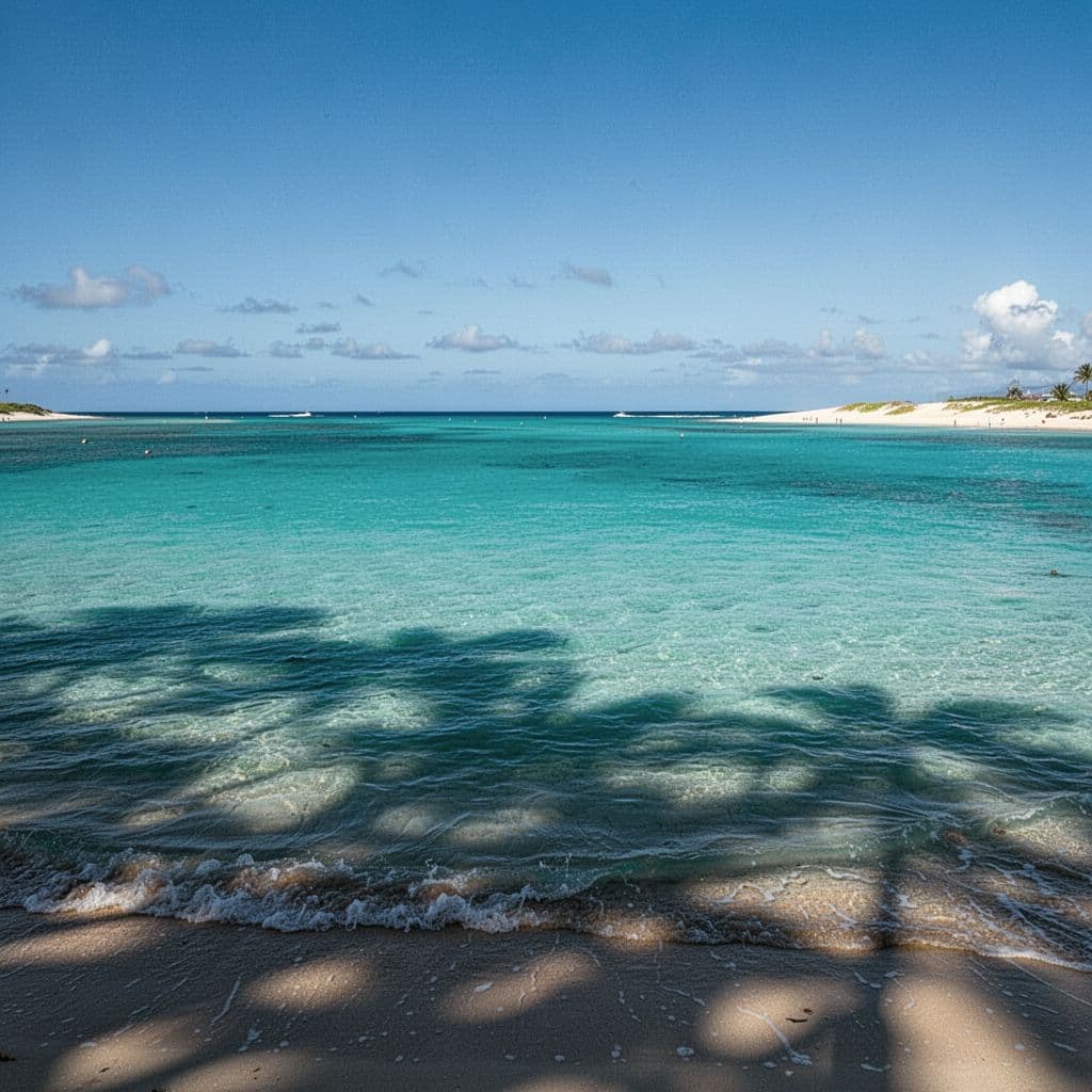 Crystal clear turquoise water ripples gently under dramatic lighting at a scenic Waikiki beach.