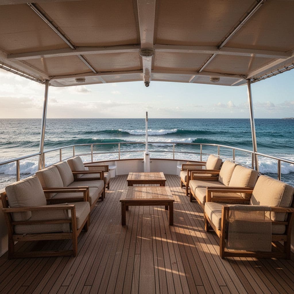 Plush outdoor seating lines the shaded deck of a luxury vessel while the calm blue Pacific Ocean stretches toward the Waikiki horizon. The scene features cinematic lighting and rich ocean textures.