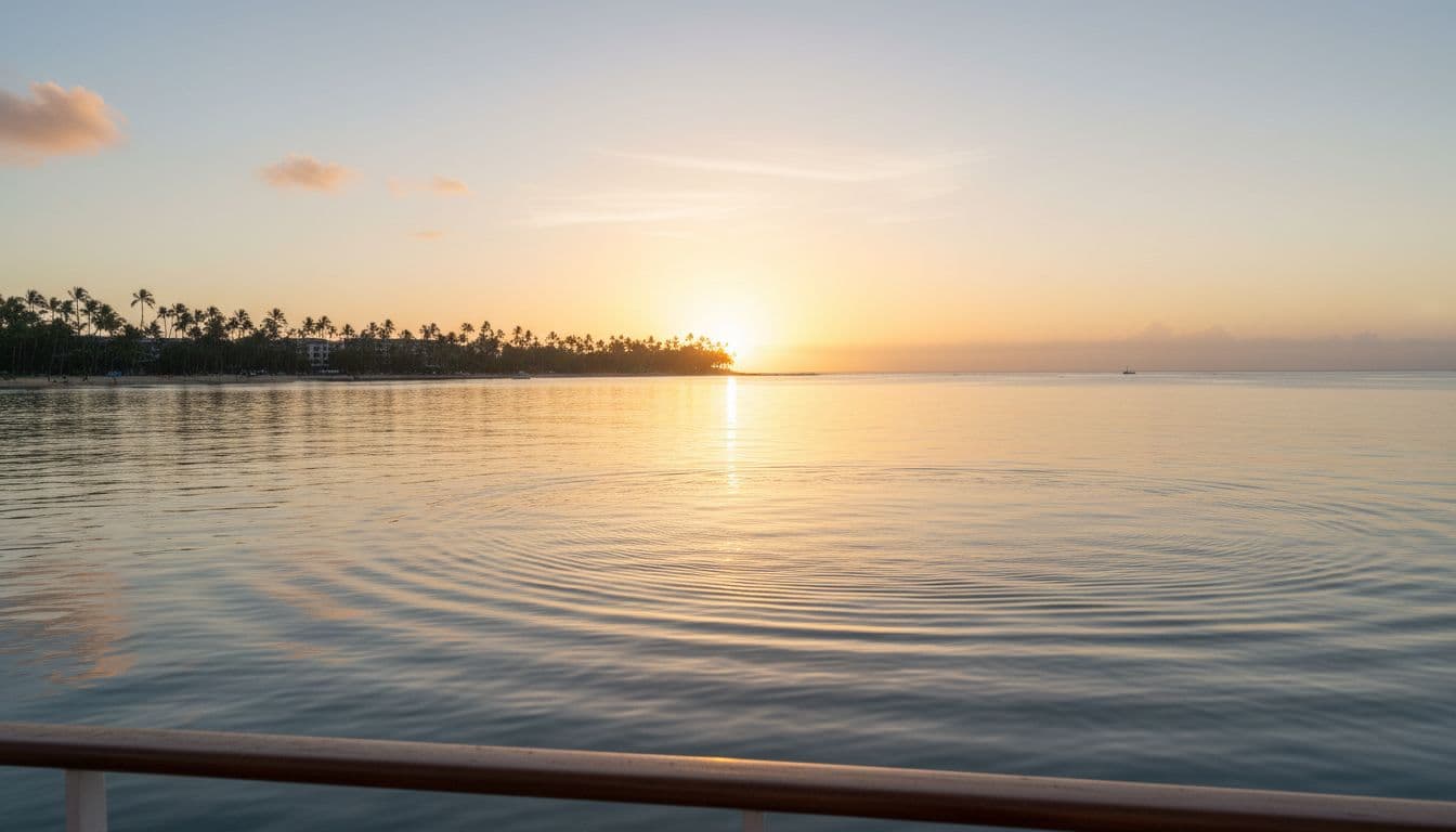 Calm, serene ocean waters in early morning off Waikiki, Oahu, feature a flat surface with tiny ripples under soft golden sunrise light, with distant shoreline and palm trees in a wide landscape view from a boat deck.
