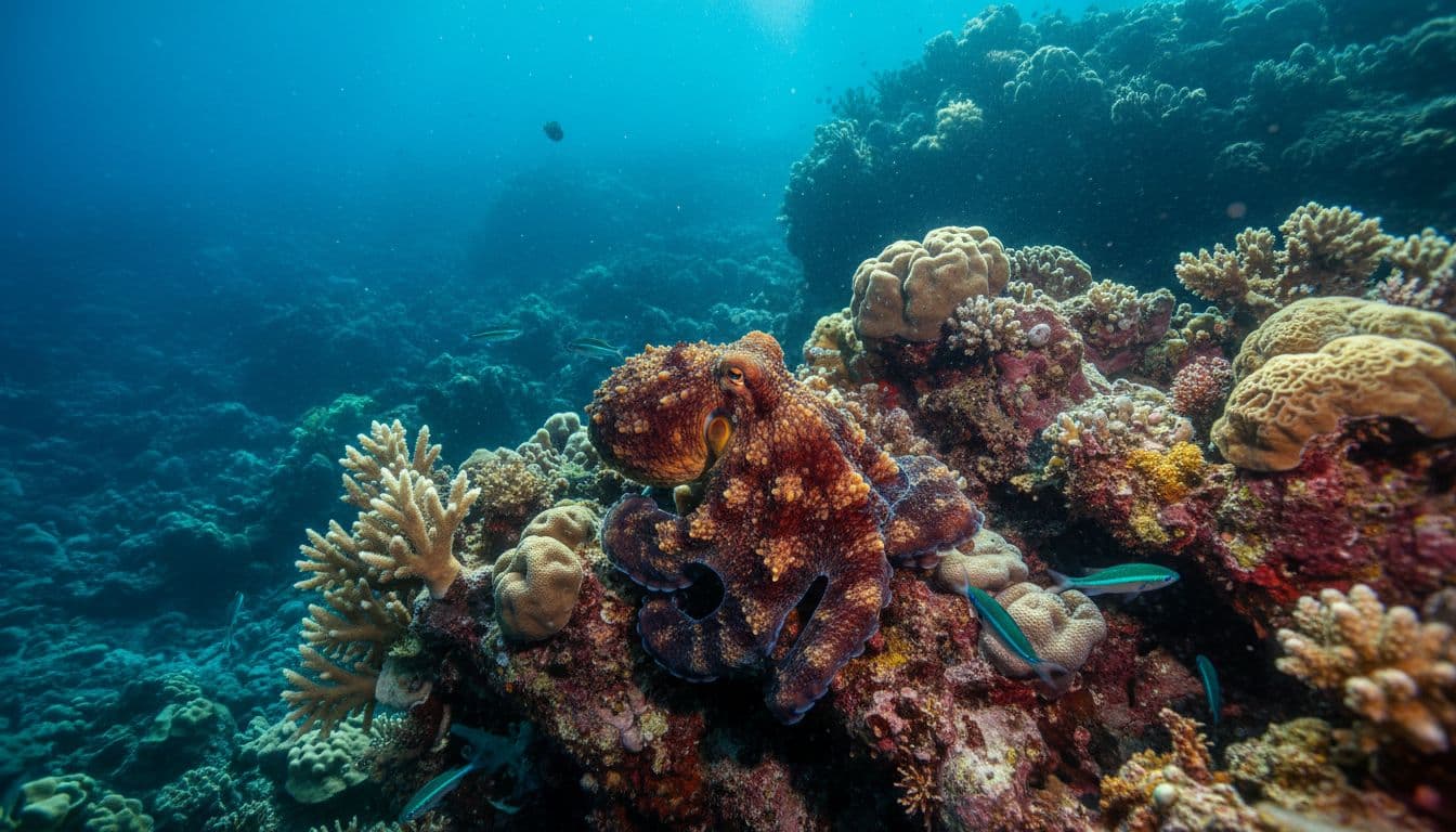 Day octopus blends into colorful coral and rocks on volcanic reef in turquoise waters with sunlight rays.