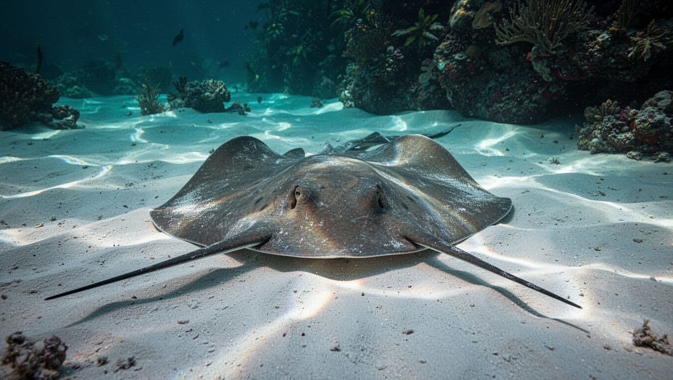Southern stingray blends into white sandy ocean floor near Kona reefs, diamond body and tail barb visible.