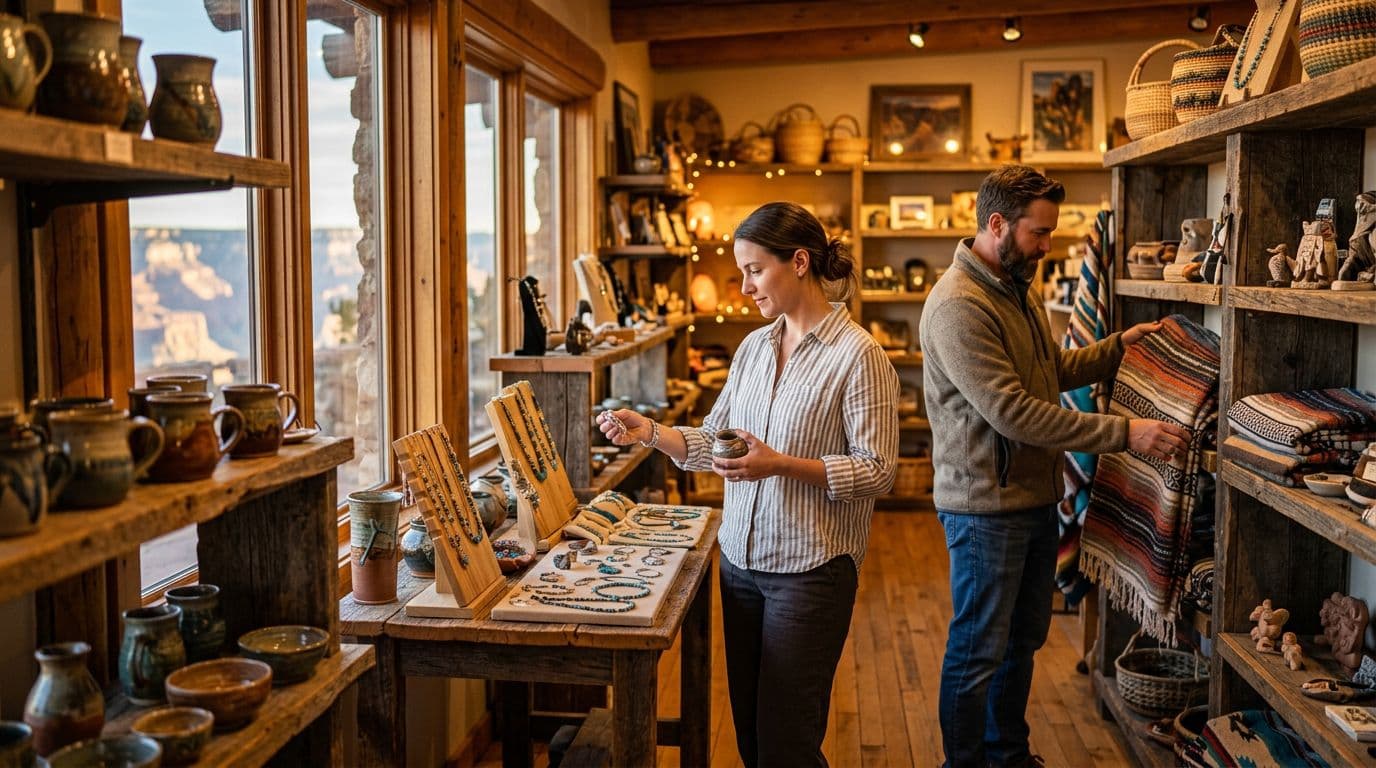 Gift shop interior at a canyon visitor center with displays of local jewelry, pottery, and woven textiles on wooden shelves under warm lighting. Two relaxed people browse amid golden-hour light filtering through windows, photorealistic travel photography.