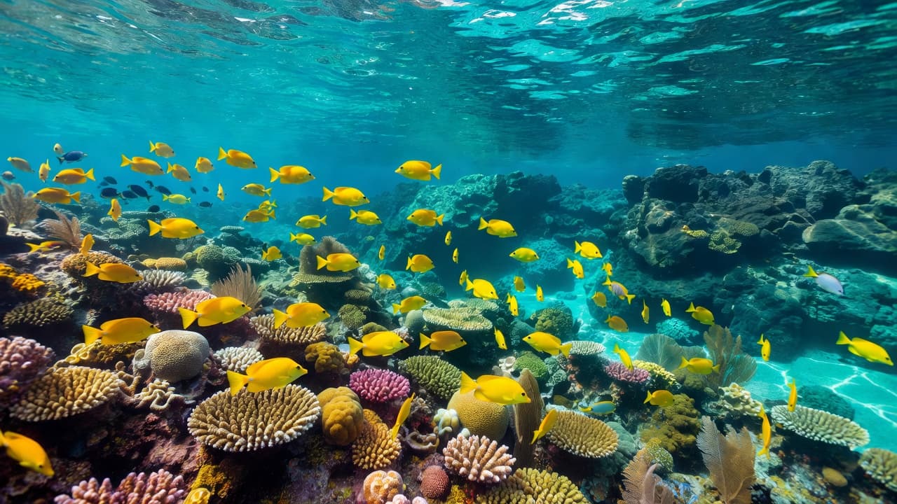 Yellow tang fish swimming above a coral reef in turquoise ocean water.