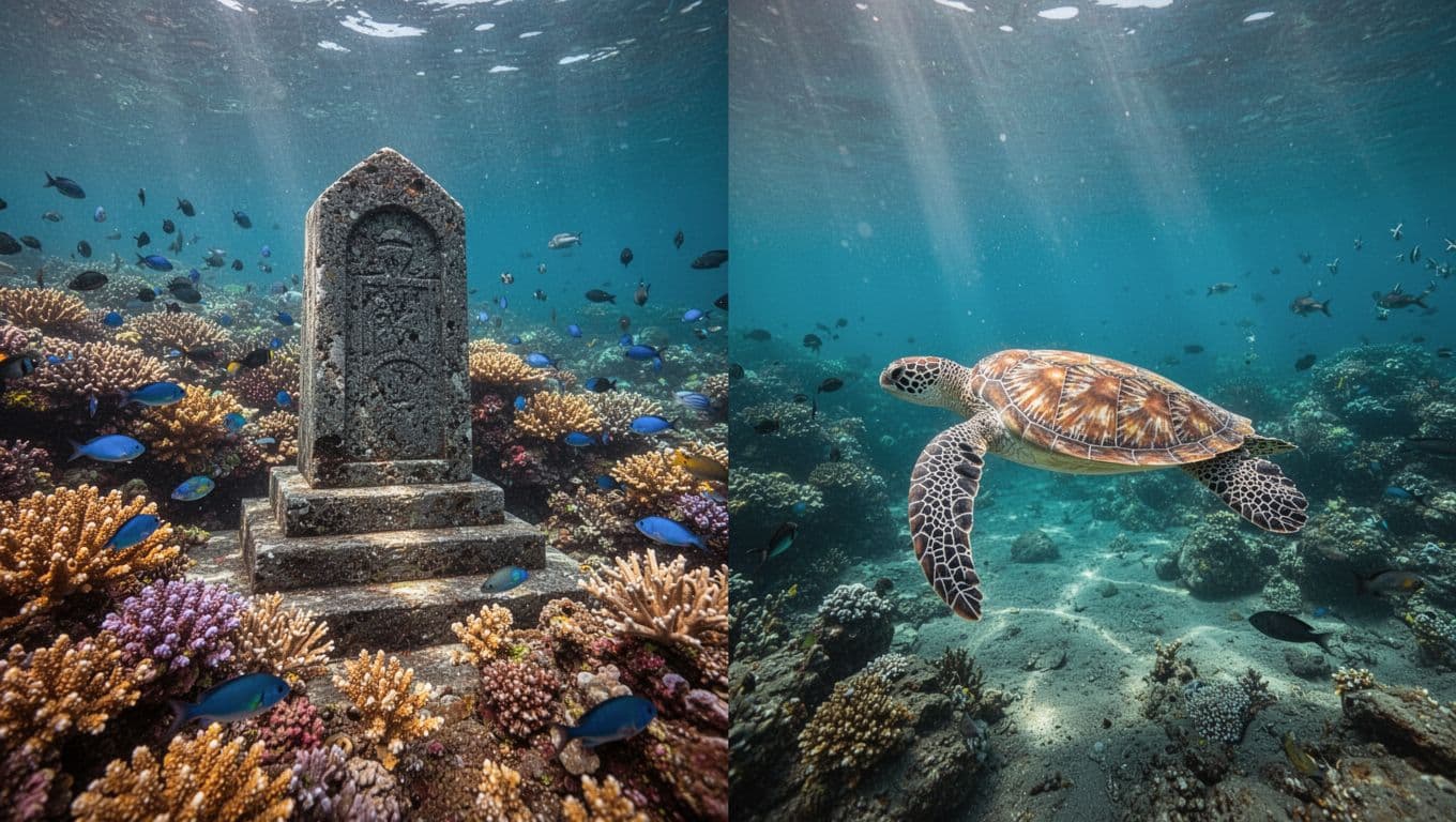 Side-by-side split view contrasting vibrant crowded coral at Captain Cook Monument on the left with serene uncrowded Kona reef and turtle on the right, featuring turquoise waters, cinematic style with strong contrast and dramatic lighting.
