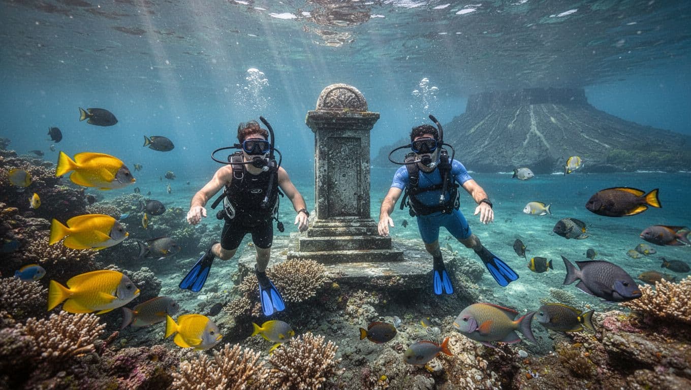 Two snorkelers explore a vibrant coral reef near the historic Captain Cook Monument in Kealakekua Bay, with crystal-clear turquoise water filled with colorful tropical fish and dramatic sunlight rays.