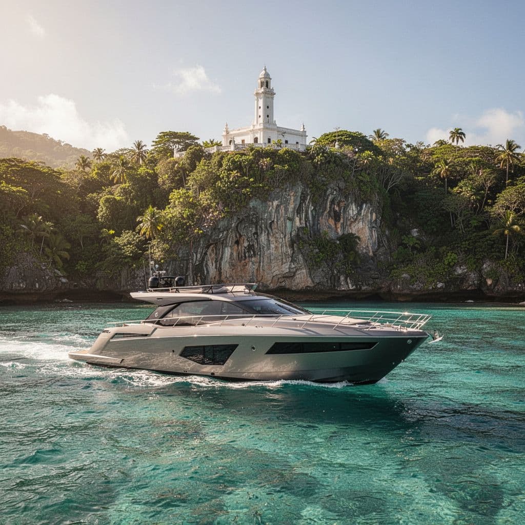 A sleek boat floats on vibrant cyan waters near a lush green cliffside. The iconic white Captain Cook monument stands prominently against the tropical landscape under warm, bright, natural sunlight.