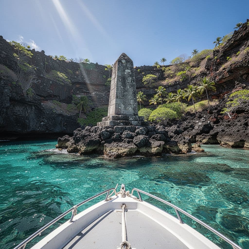 The white obelisk monument stands prominently on the jagged black volcanic shore of Kealakekua Bay. Vivid turquoise ocean water ripples around the rocky base beneath steep, verdant cliffs under bright sunlight.