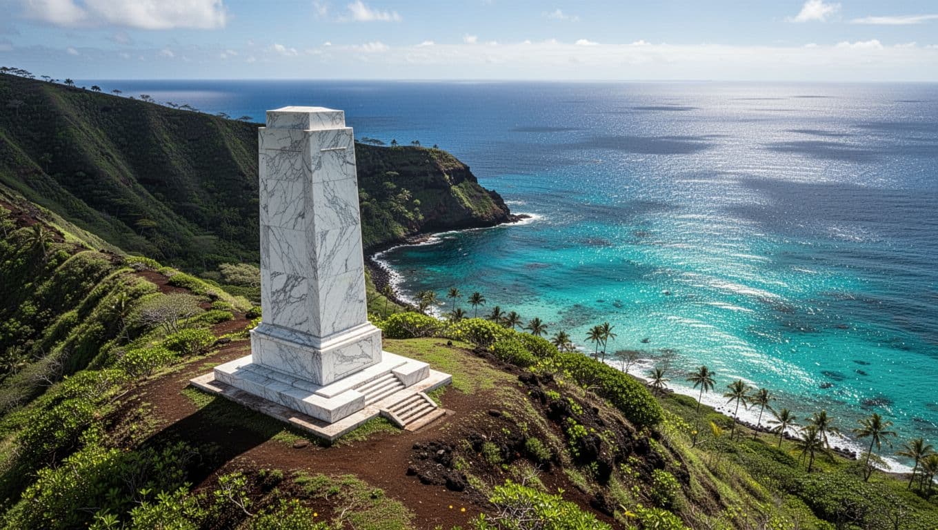 The tall white obelisk stands on a lush green volcanic hillside overlooking the brilliant azure waters of Kealakekua Bay. Bright sunlight illuminates the stone structure against the deep tropical landscape.