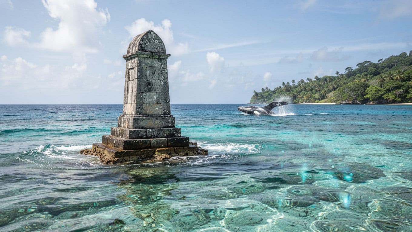 Turquoise water at Captain Cook monument with a distant whale breaching.